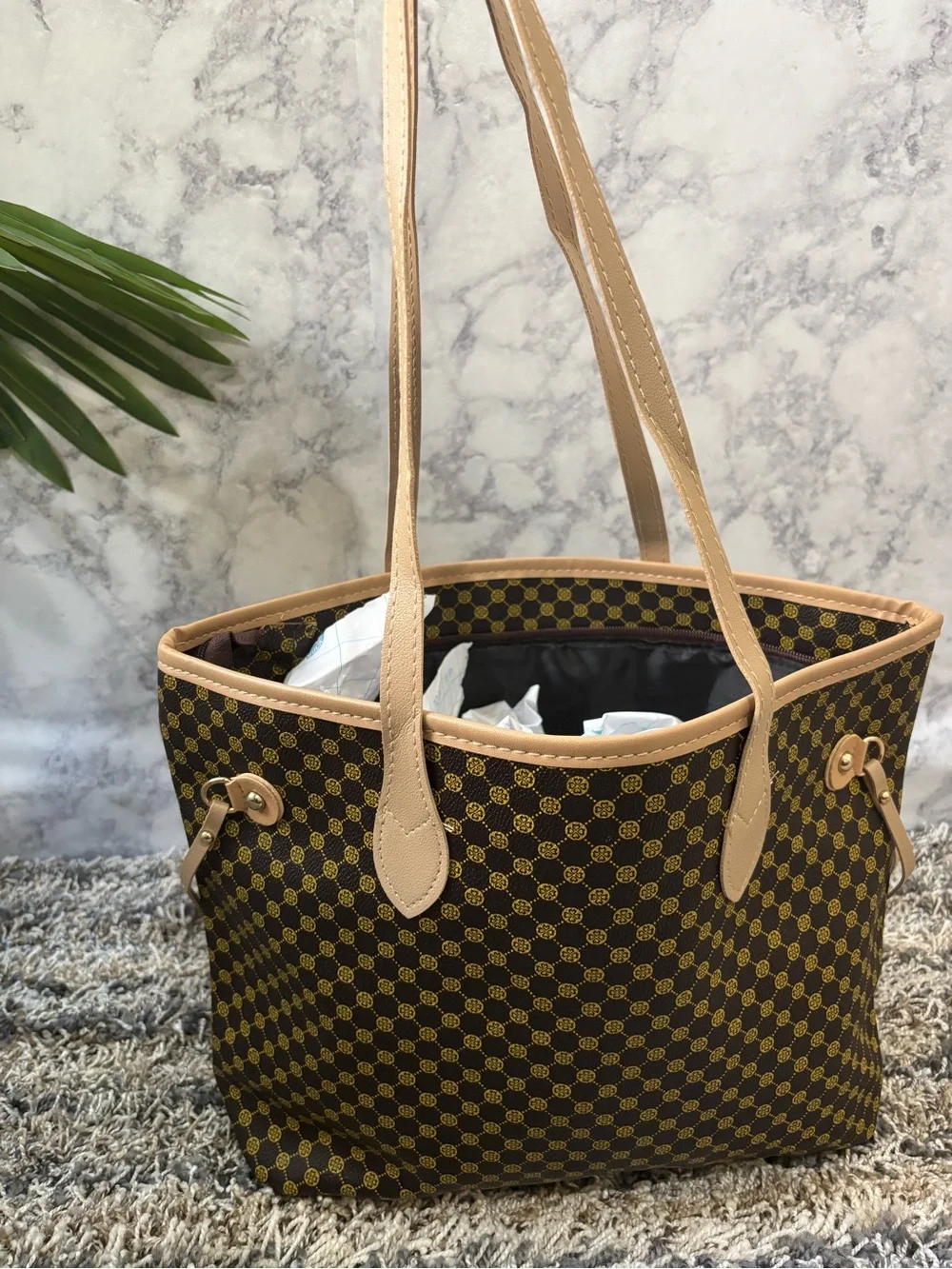 Brown Patterned Tote Bag with Tan Trim